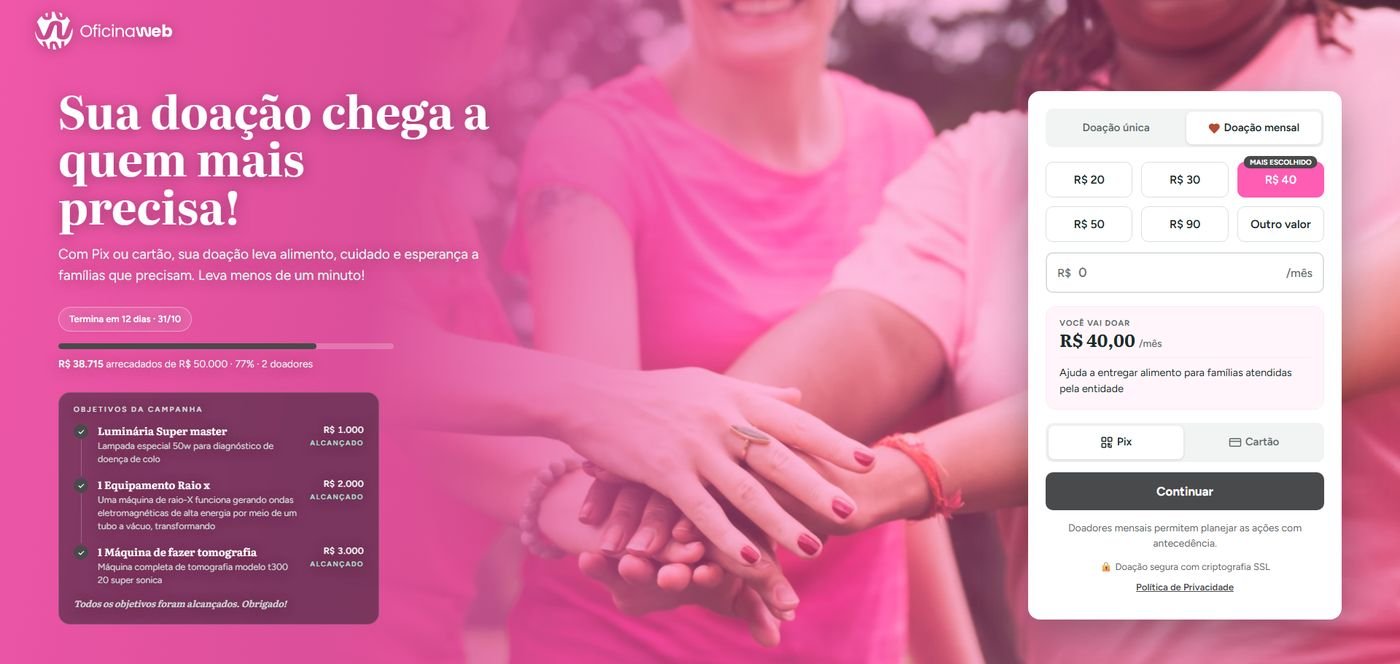 Página de doação da Link da Causa com escolha de valor, doação mensal e pagamento por Pix ou cartão
